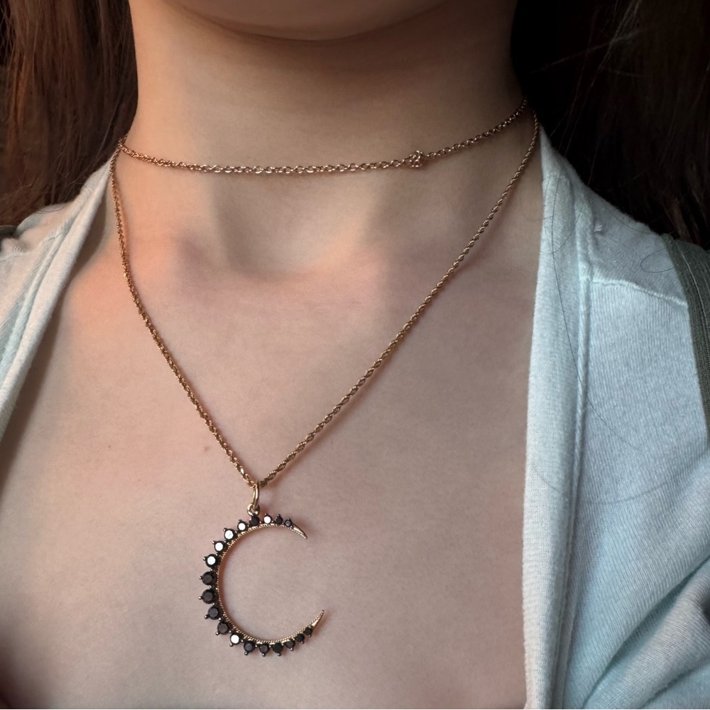 14k Gold and Black Diamond Moon Pendant - Picture 3 of 10